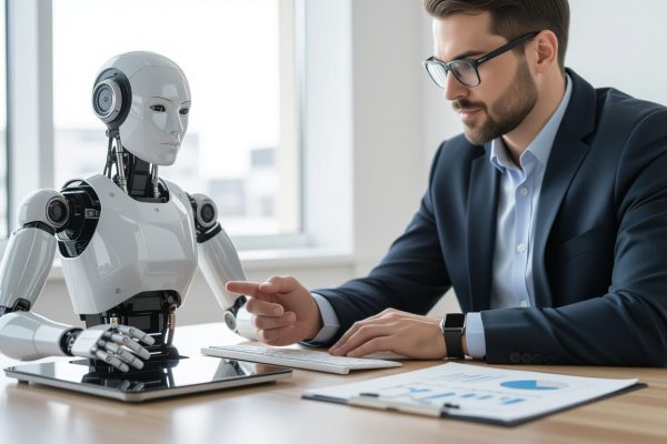 AI agent for business automation analyzing workflow dashboard on laptop screen